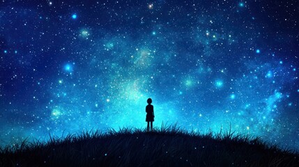 Fototapeta premium A silhouette of a person standing on a hilltop, looking up at a sky glittering with stars.
