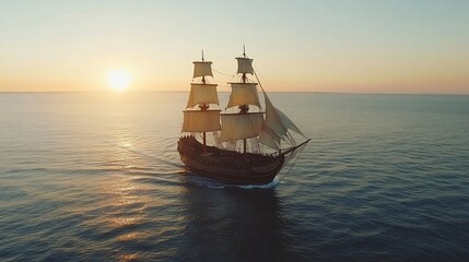 Obraz premium Majestic sailing ship at sunset on calm ocean.