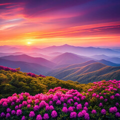 Vibrant sunrise over mountain rhododendrons