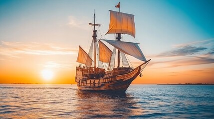 Fototapeta premium Majestic sailing ship at sunset on calm ocean waters.