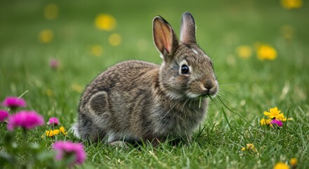 Fototapeta premium Cute Rabbit Eating Grass in a Flower Meadow