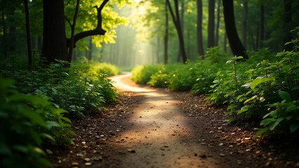 Obraz premium A winding path through a forest symbolizing freedom. Natural lighting highlights the journey and perseverance it represents.