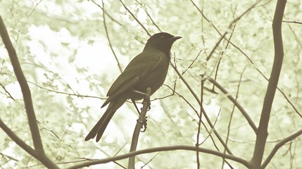 Dark bird perching branch, blossoms, spring