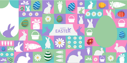 Easter Greeting card poster and banner template with Easter eggs in the nest on green, blue, yellow, white and pink background.Greetings and presents for Easter Day with copy space in flat styling