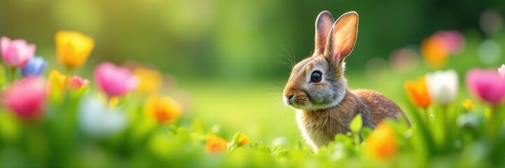 Fototapeta premium Bunny peeking out from behind a patch of colorful flowers, greenery, floral
