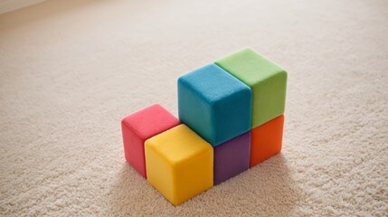 Obraz premium Colorful building blocks stacked on a soft carpet background.