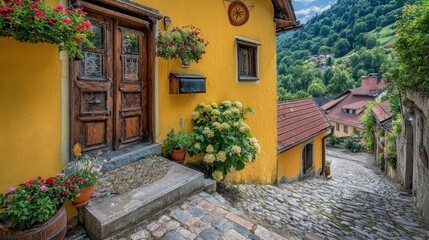 Fototapeta premium Charming yellow house, cobblestone alley, mountain village, lush greenery