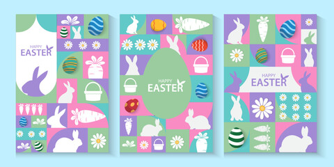Easter Greeting card poster and banner template with Easter eggs in the nest on green, blue, yellow, white and pink background.Greetings and presents for Easter Day with copy space in flat styling