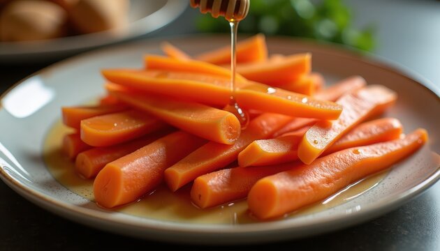 Close-up of cooked carrot sticks being drizzled with honey on a plate. This dish, associated with Rosh Hashanah, symbolizes a sweet and prosperous new year
