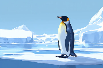A majestic emperor penguin stands alone on a floating ice sheet, gazing into the distance. 