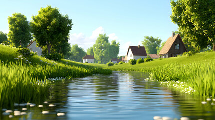 Obraz premium Sunny Day in a Green Village Beside a Stream