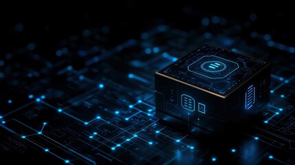 Futuristic Data Cube on Digital Circuit Board - Abstract Technology Concept