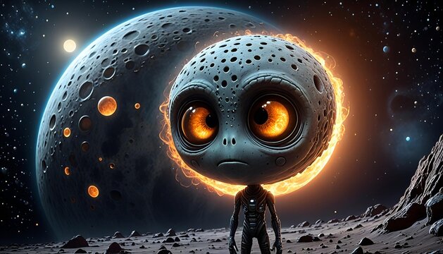Round Alien with Lunar Craters and a Floating Glowing Halo