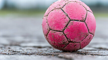 Pink muddy soccer ball on wet ground, outdoor field background; sports imagery