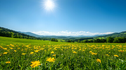 Sunny Day in a Yellow Flower Field with Mountain View