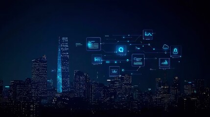 Smart City Night Skyline with Digital Network Overlay