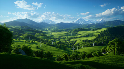 Fototapeta premium Sunny Day in Verdant Valley with Snow Capped Mountains