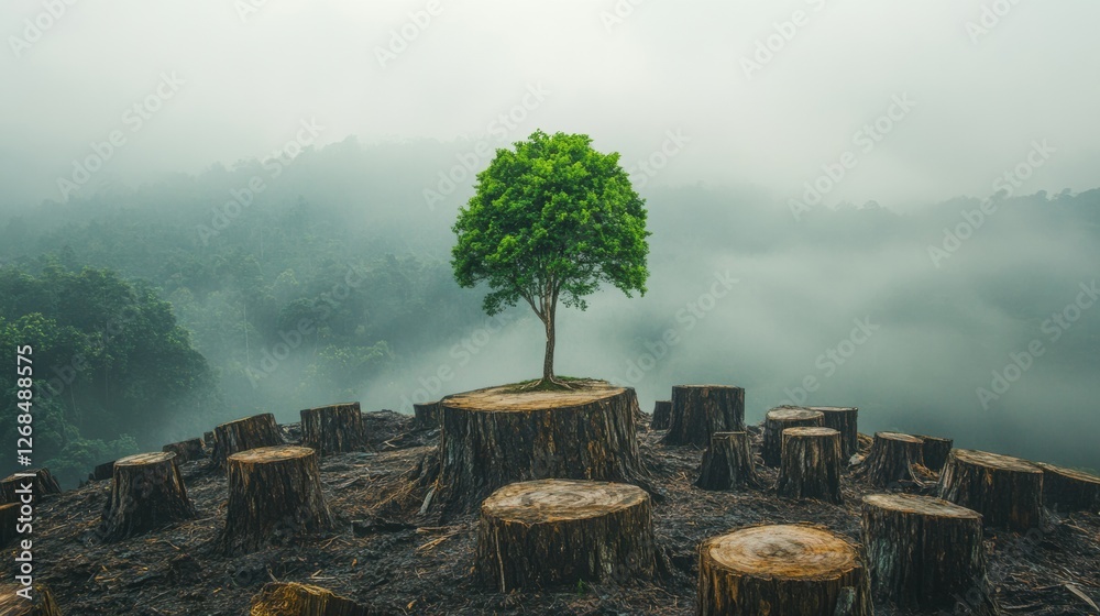 Aufkleber tree stands alone amidst tree stumps at a misty forest location during early morning hours. generati