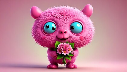 Cute Shy Pink Monster with Heart-Shaped Nose