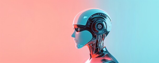 Futuristic human-robot hybrid profile on pink and blue background. Artificial intelligence concept. Cyborg head with exposed mechanics. Sci-fi technology visualization.