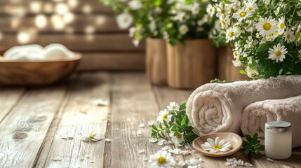 Photo of a spa setting with scattered items like towels, flowers, and a bathtub on a wooden background. Web banner with copy space on the right.