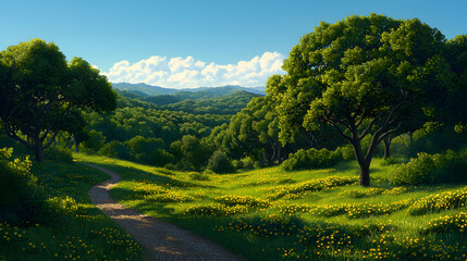 Sunny Meadow Landscape with Winding Path and Lush Green Hills