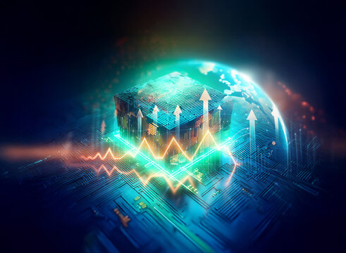 Digital globe with rising arrows symbolizes tech advancement and global growth. Circuit board design backdrop.