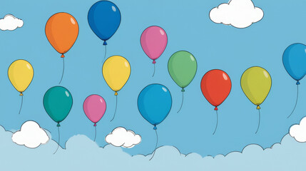 Playful balloons in various colors floating against a blue sky and fluffy clouds.

