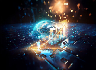 Futuristic digital globe with an ascending arrow overlay on a circuit board backdrop.  Glowing lights and abstract elements evoke technological advancement and global connectivity.