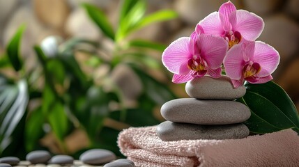 Photo of pink flowers and spa stones on top of towels with decorative rocks, representing the beauty