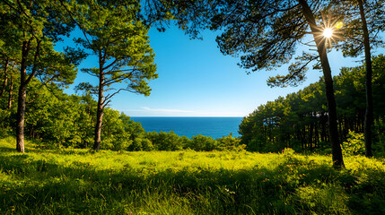 Sunny Seascape View Through Lush Green Trees
