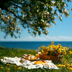 Fototapeta premium Sunny Seaside Picnic with Yellow Flowers