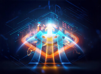 Obraz premium Abstract digital artwork featuring glowing blue and orange arrows pointing upwards, surrounded by geometric lines and shapes against a dark backdrop, suggesting progress and connectivity.