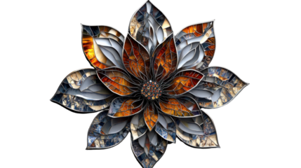 Stained glass flower blooming with vibrant colors on transparent background