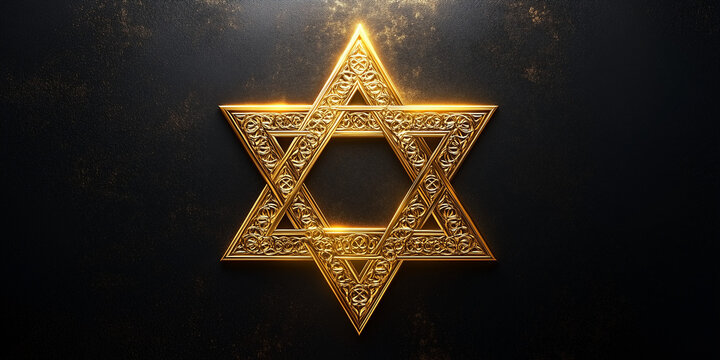  Luminous golden Star of David on a dark background, symbolizing Judaism and faith.