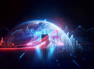 Obraz premium Digital padlock secures a glowing globe amidst abstract charts and lines, representing data protection in a digital world. Neon lights highlight the futuristic technology and global network.