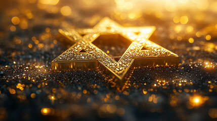  Luminous golden Star of David on a dark background, symbolizing Judaism and faith.