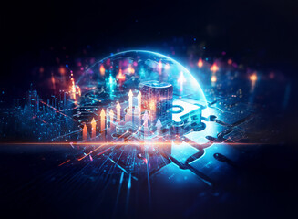 Fototapeta premium Abstract digital artwork showcases a glowing globe with a cityscape outline, illuminated by bright lights against a dark space. Digital and futuristic design.
