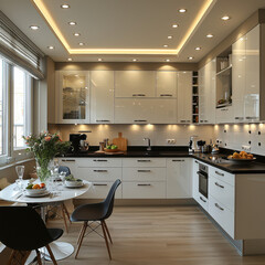 Modern Kitchen Elegance: A well-lit, modern kitchen showcasing sleek white cabinetry, a dining table, and high-end appliances in a clean, contemporary design.