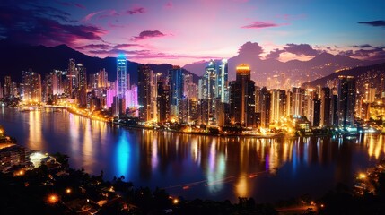 Fototapeta premium Vibrant City Skyline at Dusk with Illuminated Buildings and Reflections