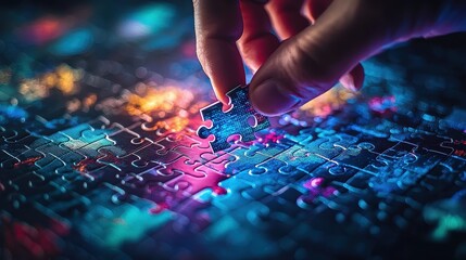 Naklejka premium Hand Placing Puzzle Piece on Colorful Jigsaw Puzzle Background