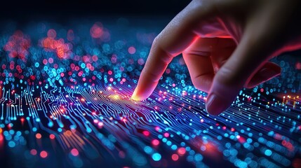 Finger Touch on Abstract Digital Circuit Board with Glowing Lights
