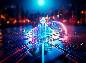 Obraz premium Illuminated arrows ascend on a reflective platform, against a vibrant cityscape backdrop at night. The scene evokes futuristic technology and dynamic progress with glowing neon hues.