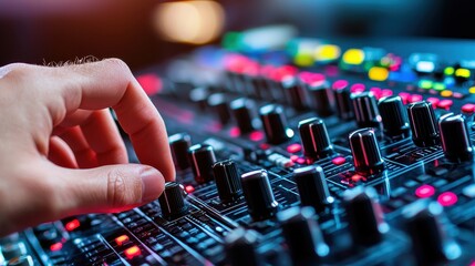 Hand Adjusting a Mixing Board Slider in a Modern Recording Studio