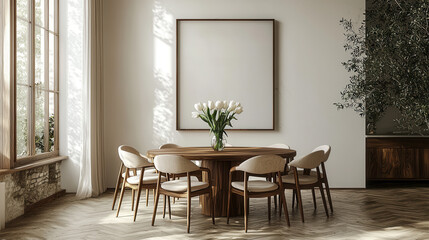Fototapeta premium Elegant Dining Room: A light-filled dining room features a wooden table set for a meal, surrounded by stylish chairs, with a large artwork hanging on the wall.