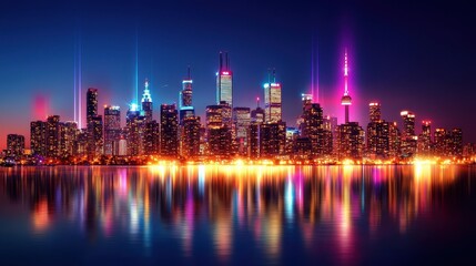Fototapeta premium Vibrant Night Skyline of a Modern City with Colorful Reflections