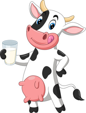 Naklejki Cartoon happy cow holding a gall of milk