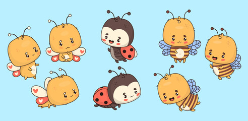 Cute insects butterfly, bee and ladybug. Isolated funny character in kawaii style. Vector illustration 