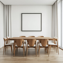 Minimalist Dining Room: A contemporary dining space, showcasing a long wooden table and matching chairs arranged beneath a framed artwork, illuminated by natural light filtering through the window.