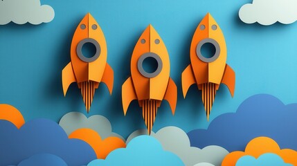 Colorful Paper Rockets Launching Through Clouds in Blue Sky